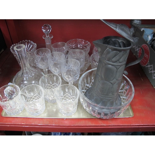 1030 - A Pewter Claret Jug, the body with circular pattern, cut glass decanters, bowls, water jug etc:- One... 