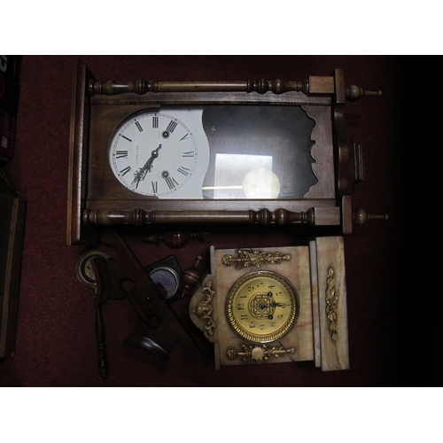 1031 - C Wood Wall Clock, marble cased cantle clock (damages).