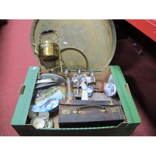 1043 - Vintage Ties in a Case, kettle on stand, brass Indian tray, cabinet plates, etc:- One Box.