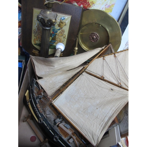 1048 - A Model Boat, two lamps (untested sold for parts only), pictures, plaques:- One Box