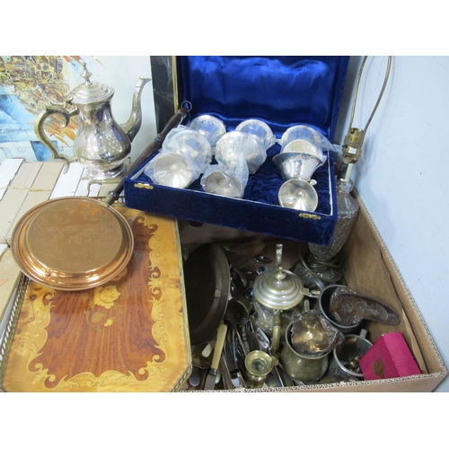 1052 - Plated Goblets, tea service, cutlery, table lamp, oyster dish, etc:- One Box.