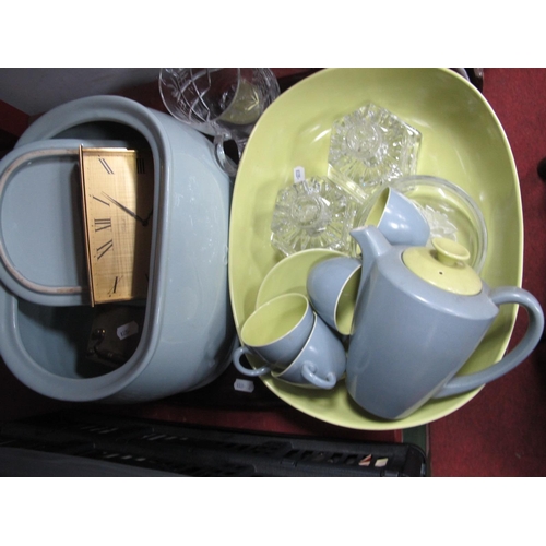 1053 - Poole Two-Tone Rectangular Dish and Coffee ware, glass inkwells, bread crock, Imhof and other clocks... 