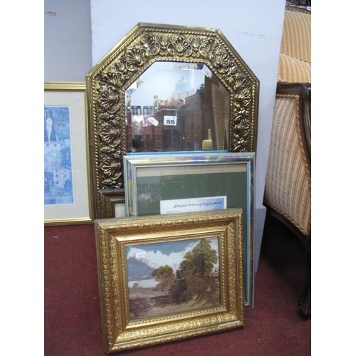 1515 - A Brass Framed Wall Mirror, 45 x 75cm, two advertising prints, G. Holmes Oil.