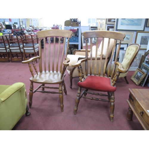 1520 - A Pair of XIX Century Style Ash Kitchen Armchairs, with a rail back, shaped arms, one upholstered se... 