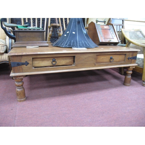 1521 - A Hardwood Colonial Rectangular Shaped Coffee Table with two drawers on corner brackets, turned supp... 