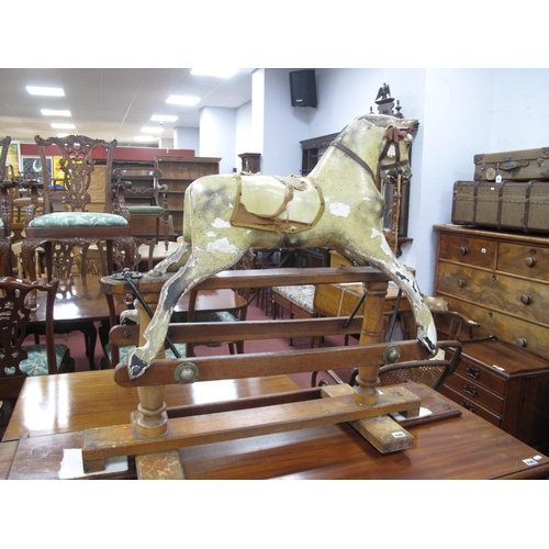 1586 - Tri-ang Vintage Rocking Horse, painted wooden, on pine trestle base, having turned supports, tail an... 