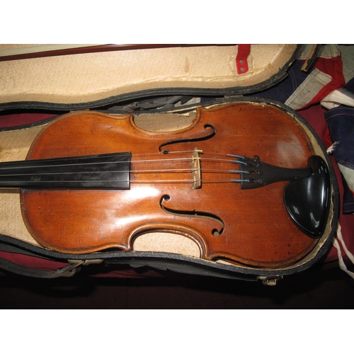 1420 - Violin Circa 1900, with one piece back, together with bow, in case.