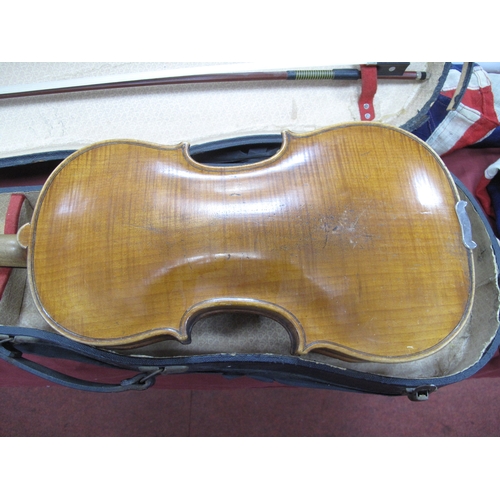 1420 - Violin Circa 1900, with one piece back, together with bow, in case.