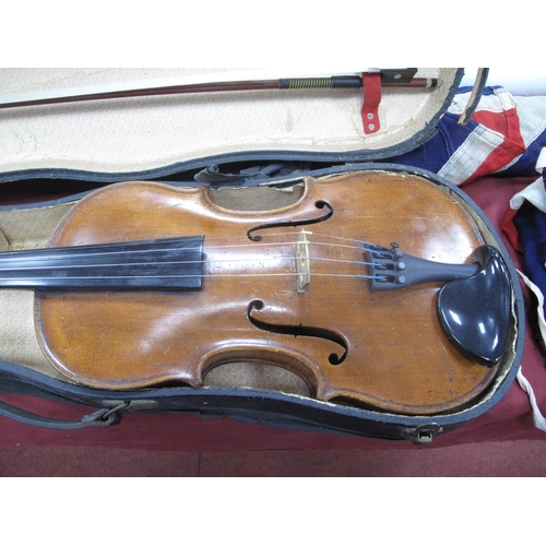 1420 - Violin Circa 1900, with one piece back, together with bow, in case.