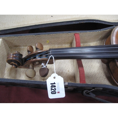 1420 - Violin Circa 1900, with one piece back, together with bow, in case.