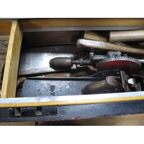 1546 - Tools - Bailey Plane, saws mallet, drill, etc, in wooden carry box.