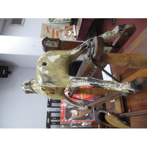 1586 - Tri-ang Vintage Rocking Horse, painted wooden, on pine trestle base, having turned supports, tail an... 