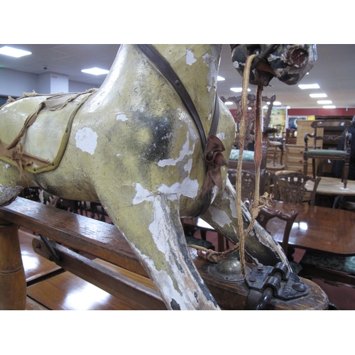 1586 - Tri-ang Vintage Rocking Horse, painted wooden, on pine trestle base, having turned supports, tail an... 