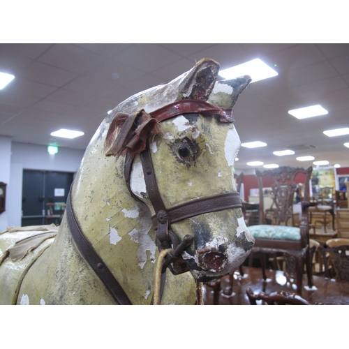 1586 - Tri-ang Vintage Rocking Horse, painted wooden, on pine trestle base, having turned supports, tail an... 