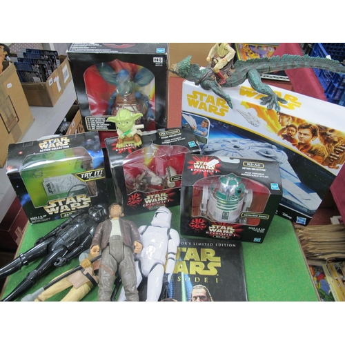 491 - Four Boxed Star Wars Figures, to include R2-A6, Pit Droid, etc, boxed Millennium Falcon, five Star W... 