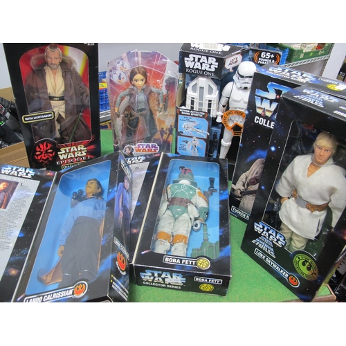 493 - Seven Boxed Star Wars Figures, to include Qui Gon Jinn, Jyn Erso and others.