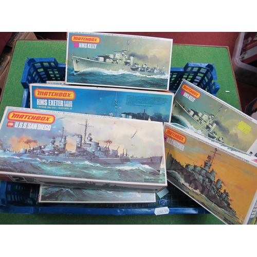 532 - Eight Matchbox Plastic Model Warship Kits, to include PK-163 1:700 U.S.S San Diego, PK-162 HMS Exete... 