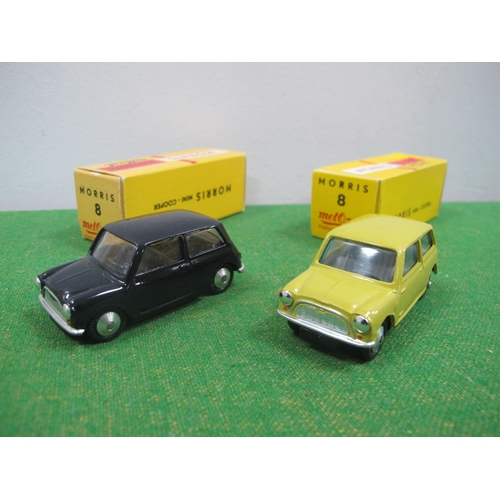 679 - Two Metosul No 8 Diecast Model Morris Mini Coopers, boxed.