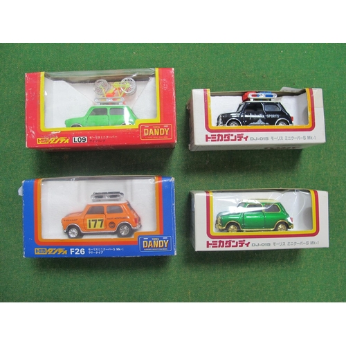 683 - Four Tomica Dandy (Japan) 1:43rd Scale Diecast Model Mini's, including #LO9 'Green' with two bicycle... 