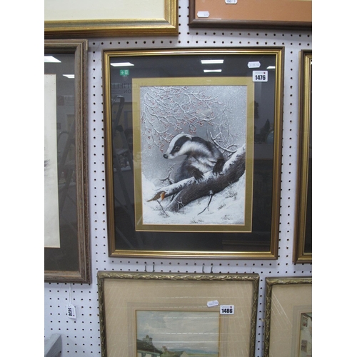 1476 - Barbara Mitchell (Sheffield Artist) Badger in Winter Setting, mixed media, signed lower right 30 x 2... 