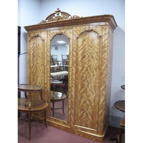 1610 - A XIX Century Maple Inlaid Three Door Wardrobe, cornice with applied pediment, central mirror door, ... 