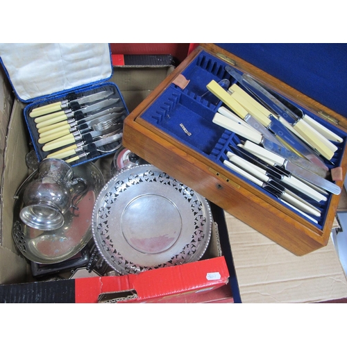 1005 - A Plated Pedestal Bowl,. cased cutlery, oak cutlery box, etc:- One Box.,