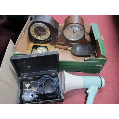 1036 - Two Mantle Clocks, megaphone, oak shield, coal scoop, etc:- One Box.