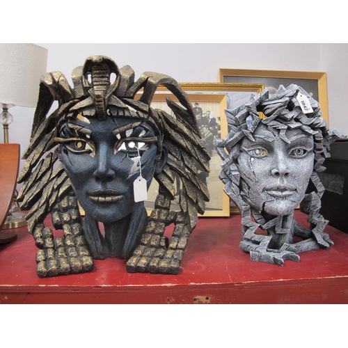 1042 - Edge Resin Blue Female Mask, with gilt hair and make up, 39cm high, another smaller in slate grey. (... 