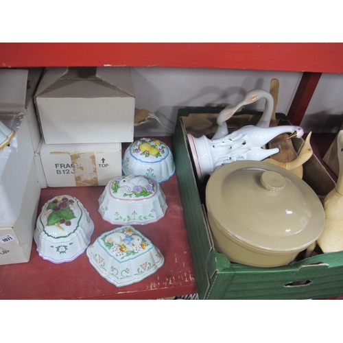 1071 - Six Franklin Mint Cordon Bleu Porcelain Moulds, box of kitchenware, wooden ducks, etc.