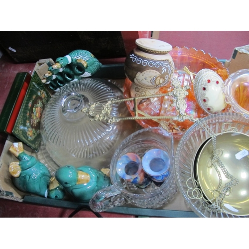 1075 - Carnival Glass, Russian dolls, brass mini easel, egg trinket box, etc:- One Box.