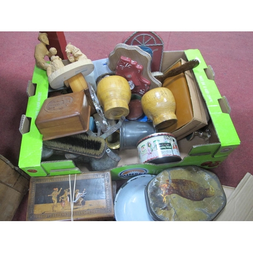 1090 - Wooden Boxes, kitchen scales, leather covered toilet set, metalware, etc:- One Box