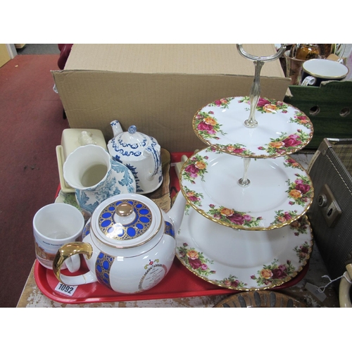 1092 - Royal Albert 'Old Country Roses' Cake Stand, Doulton 'Gaffers' dish, Lurpak, other ceramics:- One Tr... 