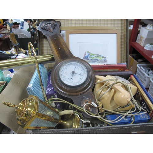 1093 - Brassware, barometer, telephone, books, etc, in case.