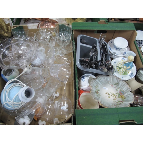 1099 - Wine Glasses, pressed glass, cake stand, cutlery, etc:- Two Boxes.