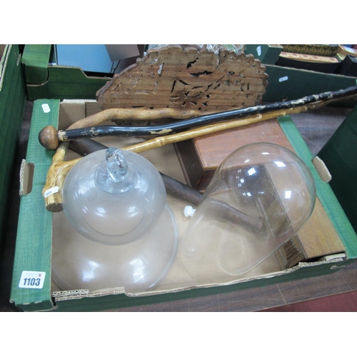 1103 - A Bell Shaped Glass Dome, walking sticks, etc:- One Box