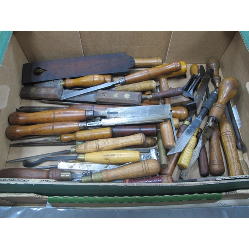 1111 - Wood Chisels, screwdrivers with turned wooden handles, et :- One Box.