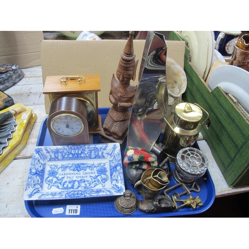 1119 - Catherine Tutt Pewter Vase, 33cm high, clocks, carved wooden figure, Blue room dish, etc:- One Tray.