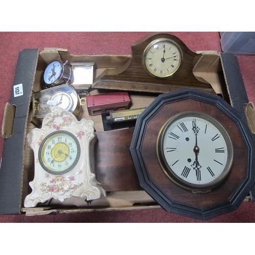 1137 - S.F & Co Pottery Cased Mantle Clock, Schatz Swiza, oak and other clocks, desk calendars:- One Box.