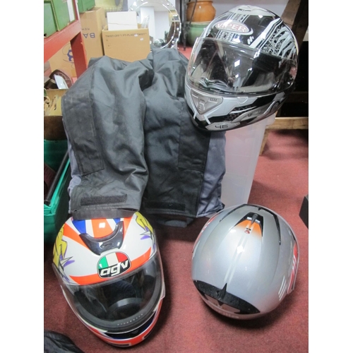 1138 - Motorcycle Crash Helmets, Viper, AGV & Aprilia, Crane trousers Size M, Urabn Armour gloves.