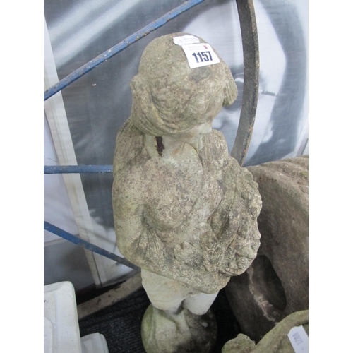 1157 - Concrete Garden Figure, of Lady holding Flowers, on circular base, approximately 78cm high.