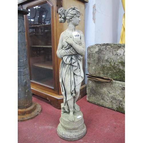 1158 - Concrete Garden Figure, of a scantily clad maiden, on circular base, approximately 65cm high.