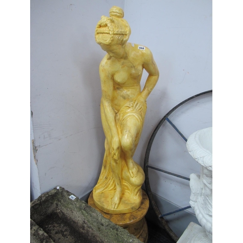 1159 - Yellow Painted Concrete Garden Figures, of scantily clad maiden on circular plinth approximately 138... 