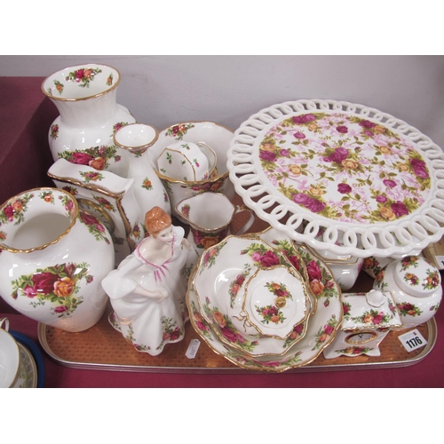 1176 - Royal Albert 'Old Country Roses', Comport, Vases, Mantle Clock, other pieces, Doulton Country Rose f... 