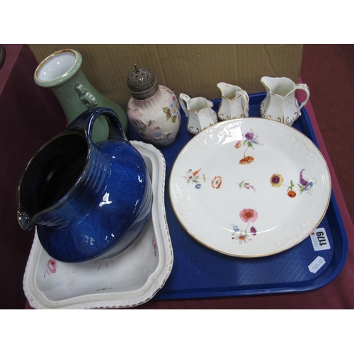 1179 - Bourne Denby Danesby Ware Blue Jug, Crackle ware vase, Davenport plate, Derby dish, sugar castor, et... 