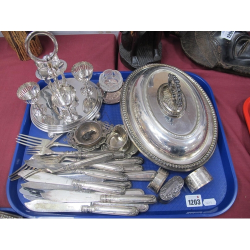 1203 - A Plated Tureen, plated egg cruet, cutlery, etc:- One Tray.