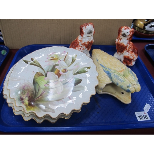 1216 - Kensington Budgie Wall Pocket, pair of Staffordshire dogs, 11cm high, 3 damaged dessert plates.