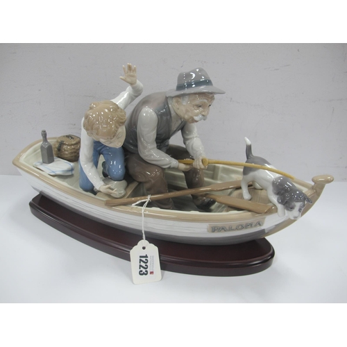 1223 - Lladro 'Fishing with Gramps' Figure Group No 5215, 38cm long, plus base.