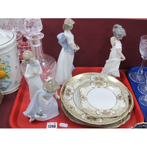 1240 - Four NAO Figurines, the largest 24.5cm, three Noritake plates, glass decanter.