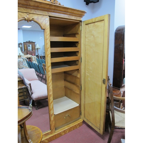 1610 - A XIX Century Maple Inlaid Three Door Wardrobe, cornice with applied pediment, central mirror door, ... 