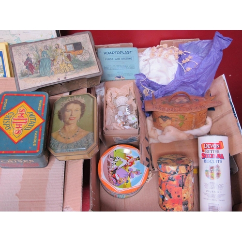 1019 - A Vintage Wedding Dress, head dress, tins, etc, Smiths Crisps:- One Box.